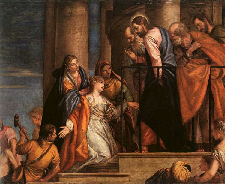A painting shows a woman being baptized by jesus.
