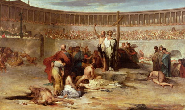 A painting of a man with a cross in the middle of a crowd.