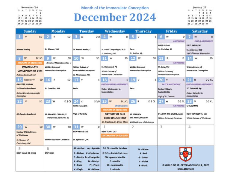 2024 Traditional Catholic Calendar Guild of St. Peter ad Vincula