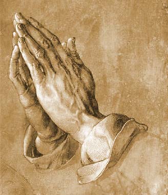 A drawing of hands praying in sepia tones.