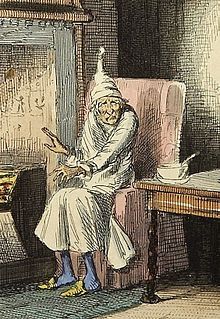 A drawing of an old man sitting in front of a fireplace.