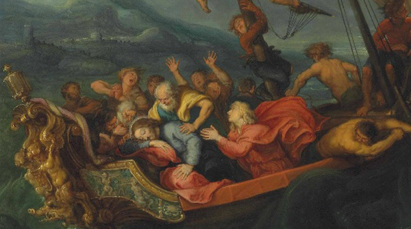 A painting shows a group of people in a boat.