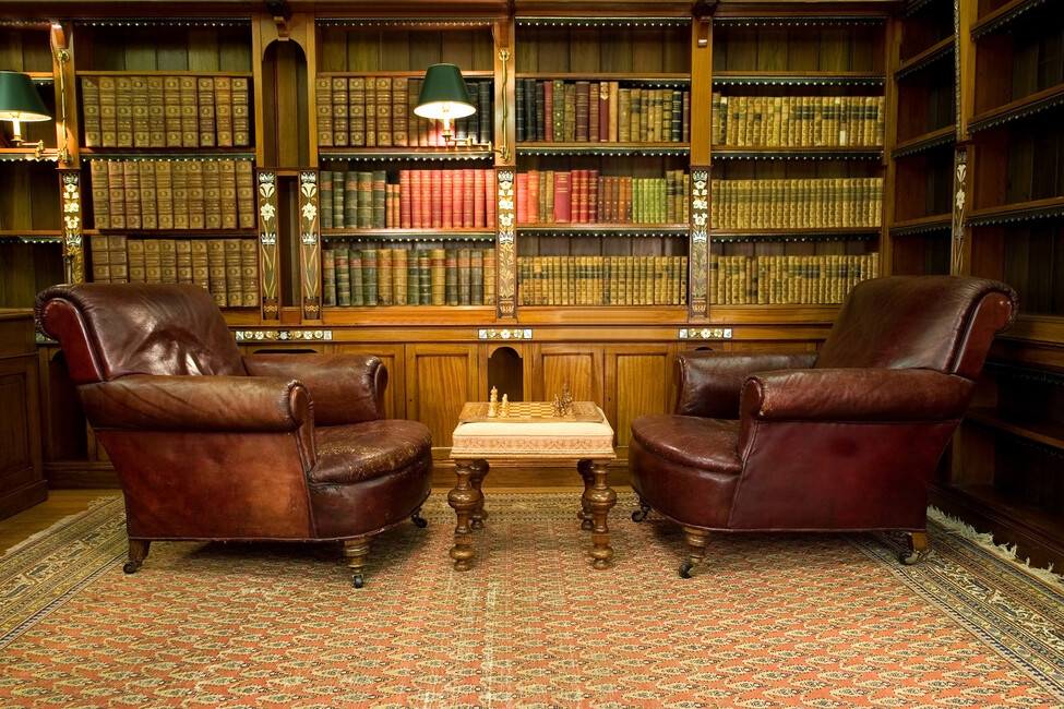 Two leather chairs in a room with bookshelves.