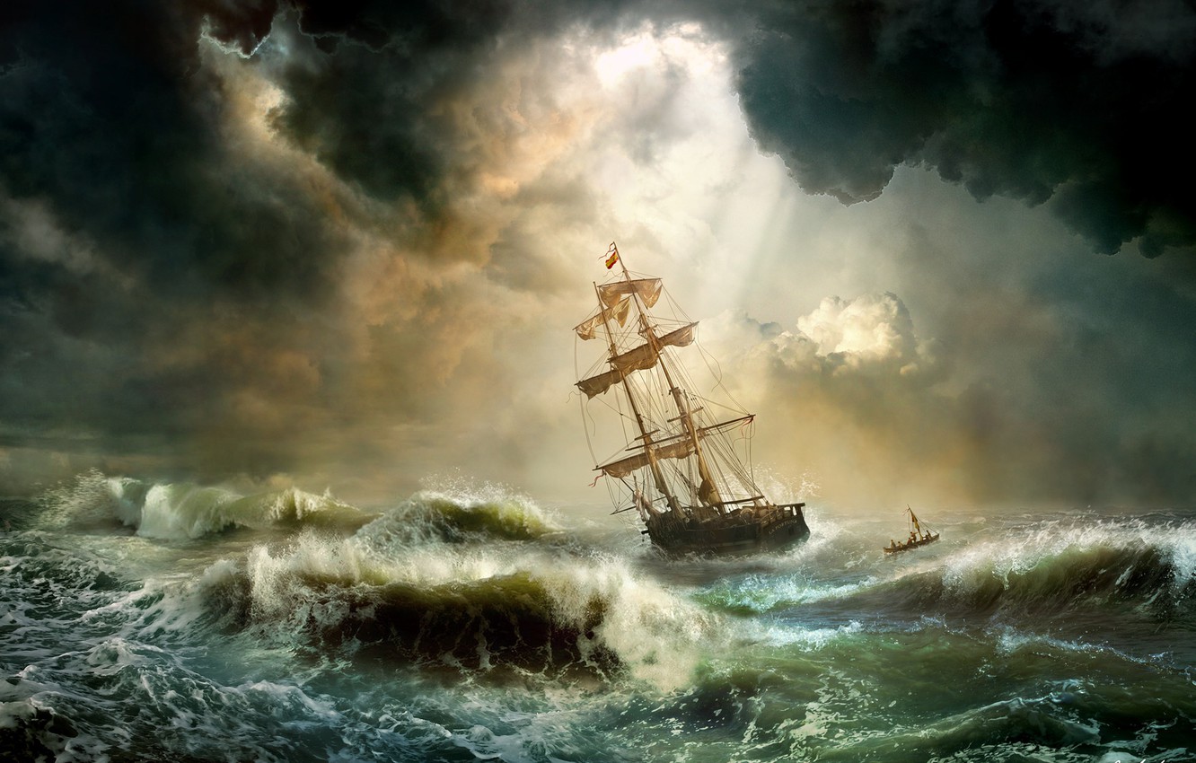 A ship is in the middle of a stormy ocean.