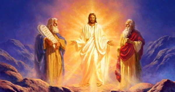 Jesus is standing in front of three men.