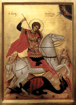 A painting of a man riding a horse and a dragon.