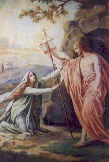 A painting of jesus reaching out to a woman.