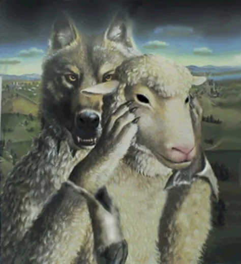 A painting of a sheep and a wolf.