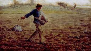 A painting of a man plowing a field.