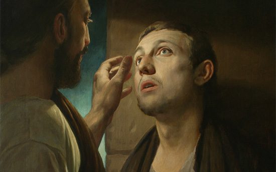 A painting of jesus looking at a man's eye.