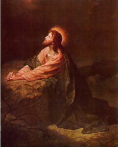 A painting of jesus kneeling on a rock.