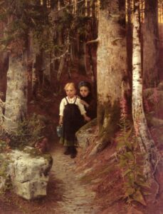 A painting of two children in a wooded area.