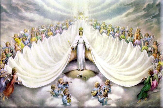 A painting of the virgin mary surrounded by angels.