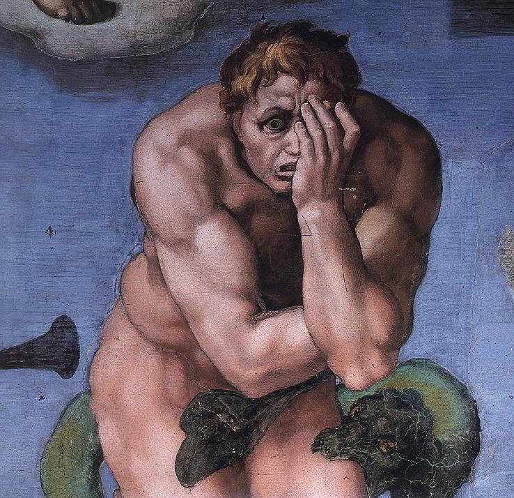 A painting of a nude man with his hands on his head.