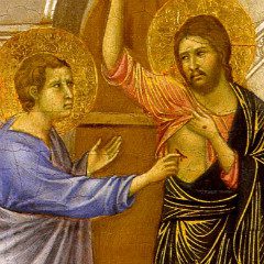 A painting of jesus with a man reaching out to him.