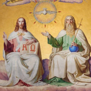 A painting of jesus and two angels on a yellow background.
