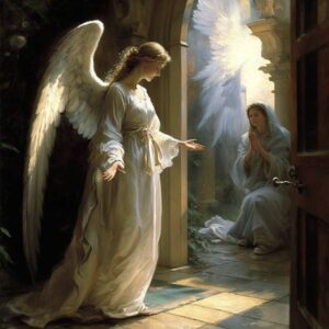 A painting of an angel standing in front of a door.