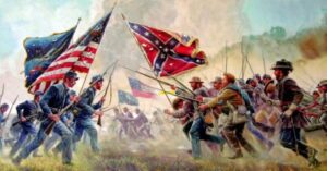 A painting of the soldiers fighting with their flags in the civil war